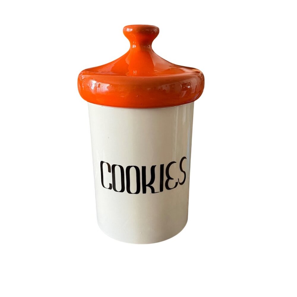 Vintage Ceramic Cookie Jar With Orange Lid & "Cookies" Text